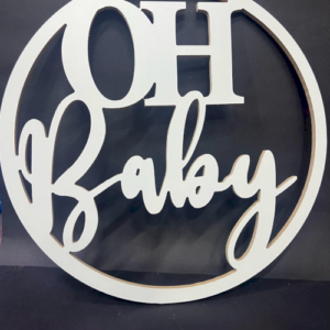 שלט OH Baby מעץ עגול לבן x1